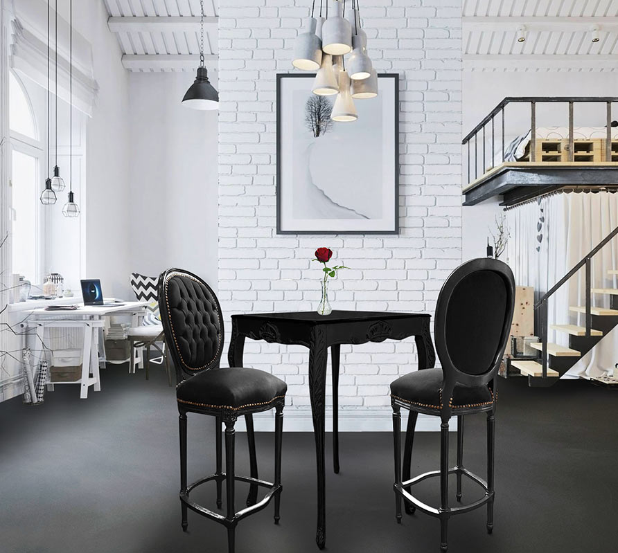 White brick and waxed concrete floor combined with a bar table and two bar chairs Royal Art Palace